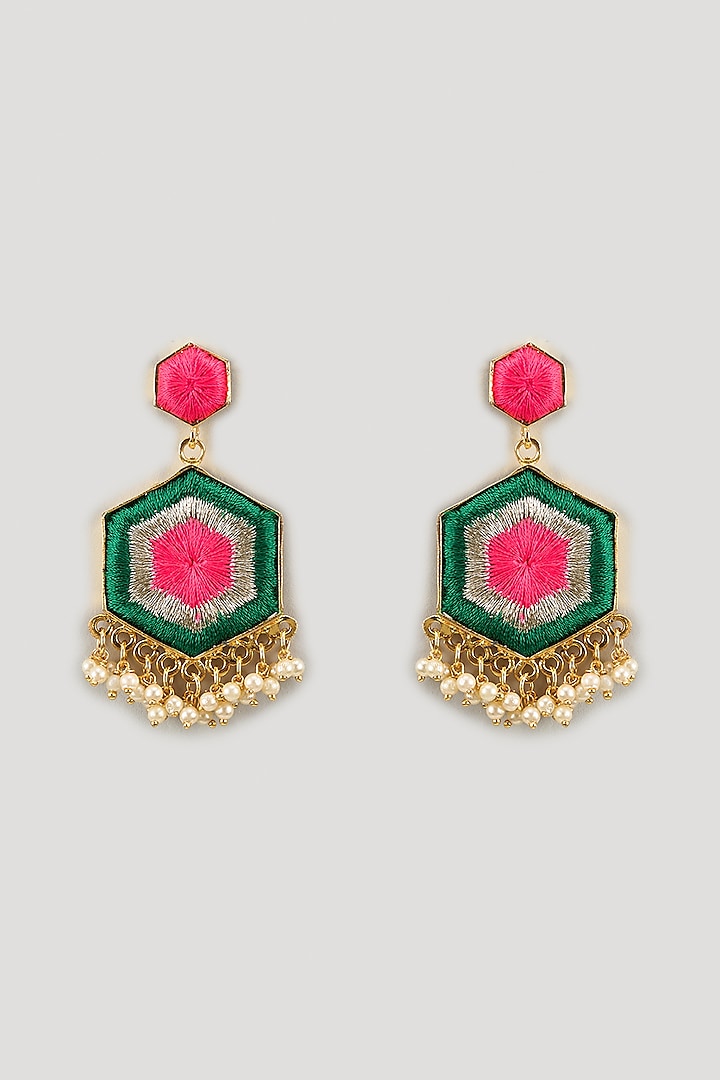 Matte Gold Finish Dark Green & Pink Zari Embroidered Hexagonal Dangler Earrings by Bauble Bazaar at Pernia's Pop Up Shop