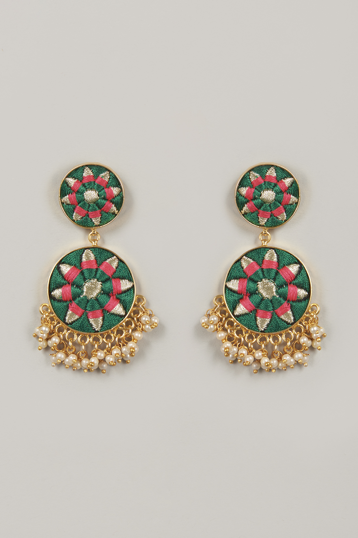 Gold Finish Embroidered Geometric Earrings by Bauble Bazaar