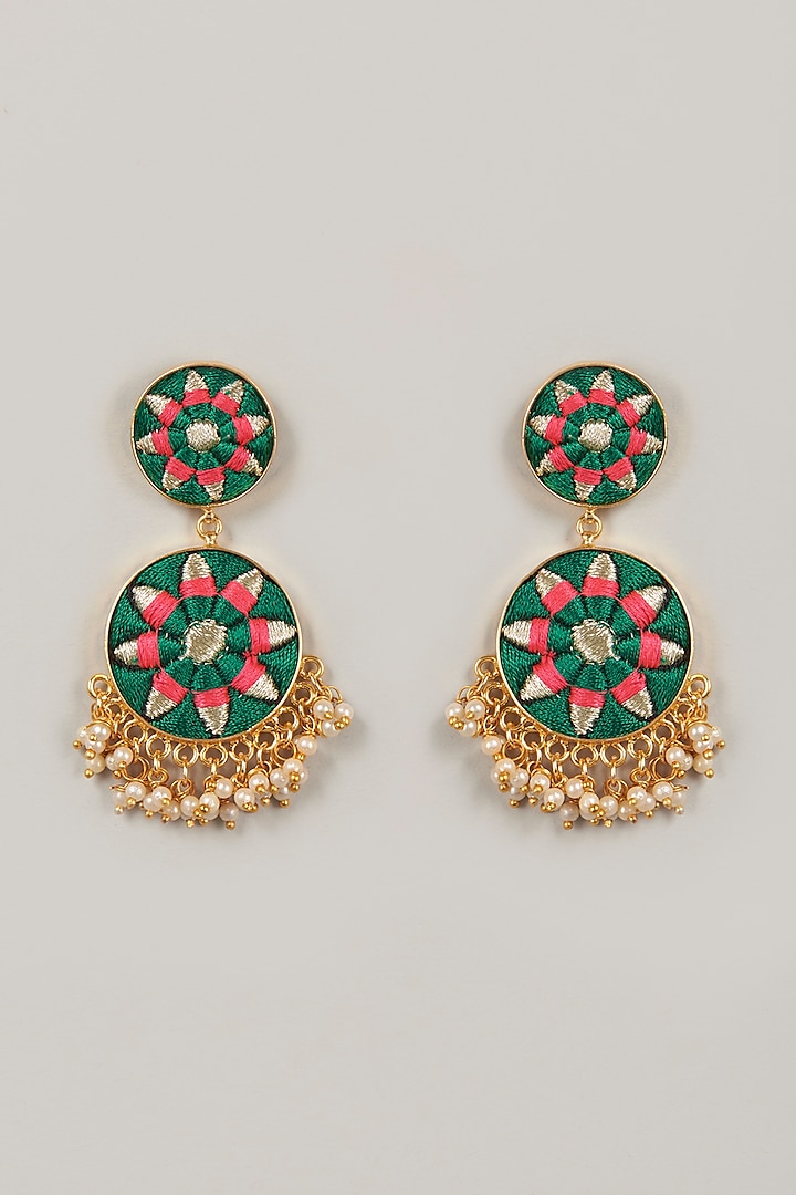 Gold Finish Embroidered Geometric Earrings by Bauble Bazaar