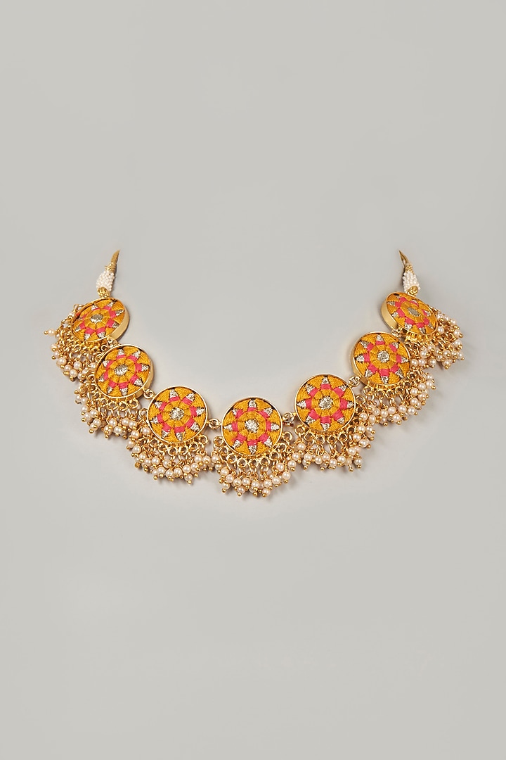 Gold Finish Zari Embroidered Necklace by Bauble Bazaar at Pernia's Pop Up Shop