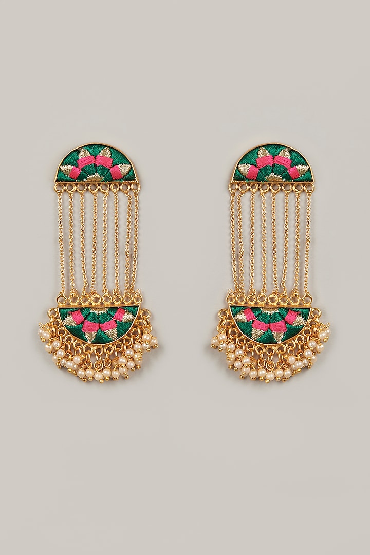 Gold Finish Zari Embroidered Earrings by Bauble Bazaar