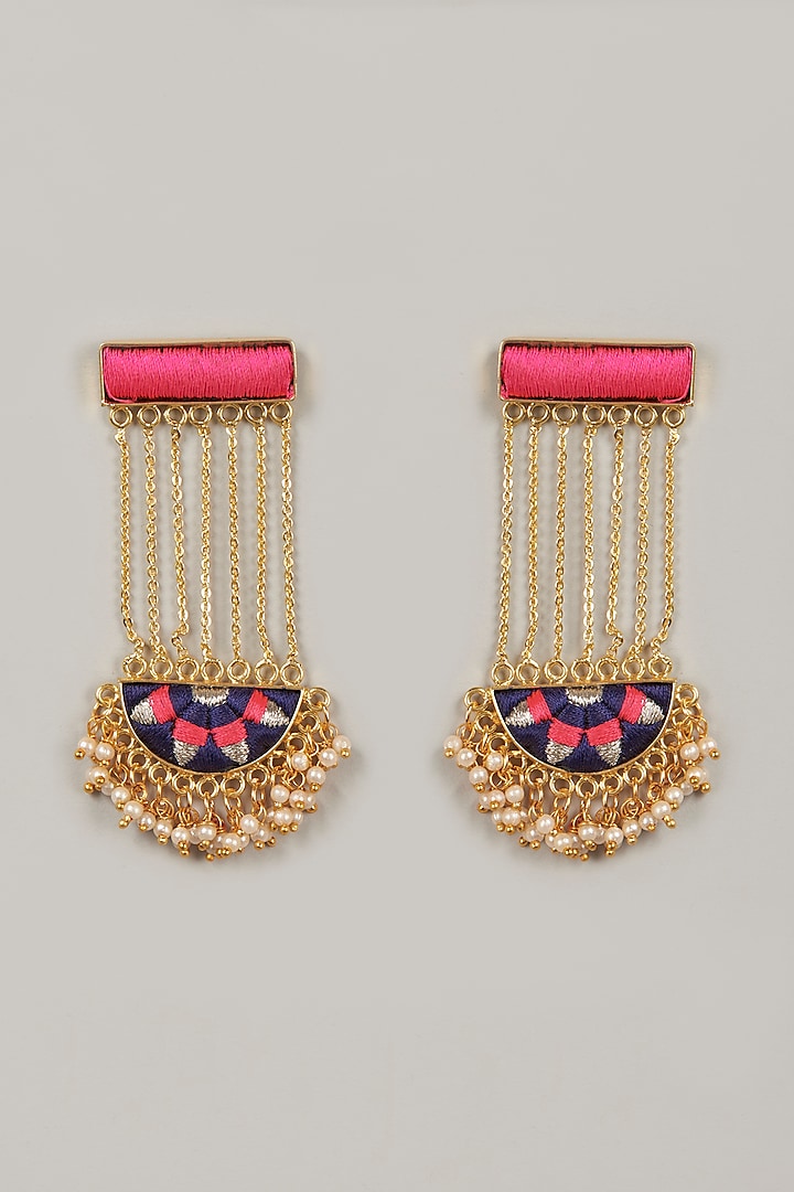 Gold Finish Thread Embroidered Earrings by Bauble Bazaar