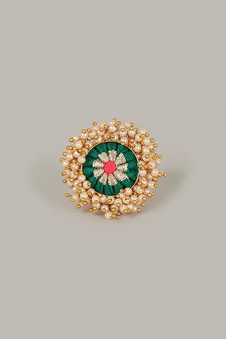 Gold Finish Embroidered Geometric Ring by Bauble Bazaar