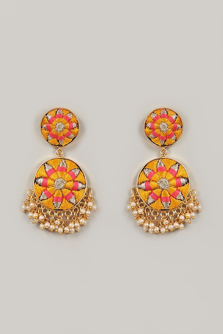 Gold Finish Embroidered Earrings by Bauble Bazaar