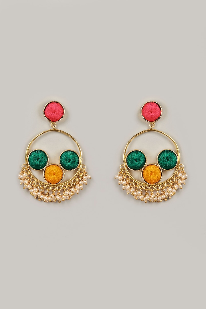 Gold Finish Embroidered Dangler Earrings by Bauble Bazaar