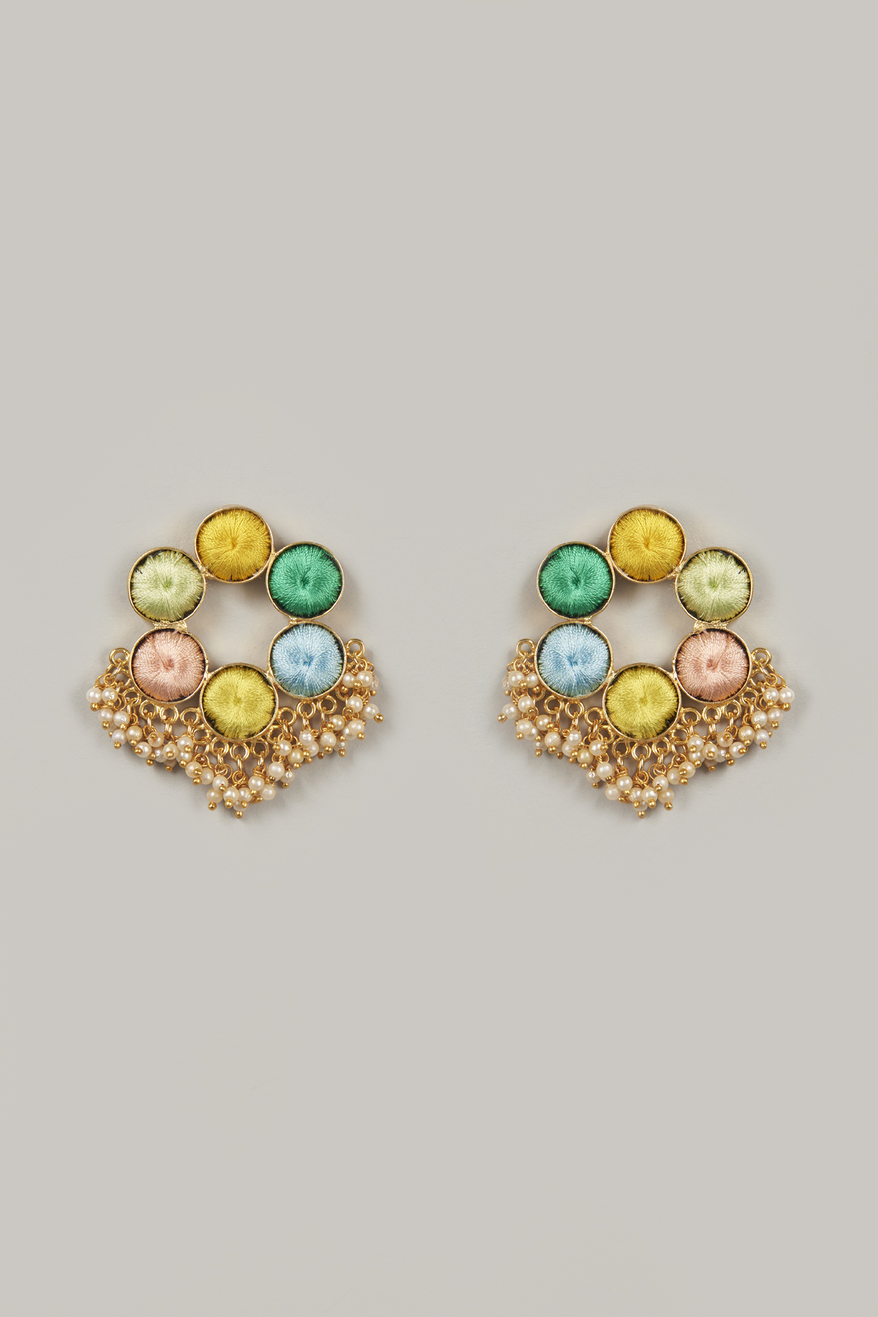 Gold Finish Embroidered Stud Earrings by Bauble Bazaar at Pernia's Pop Up Shop