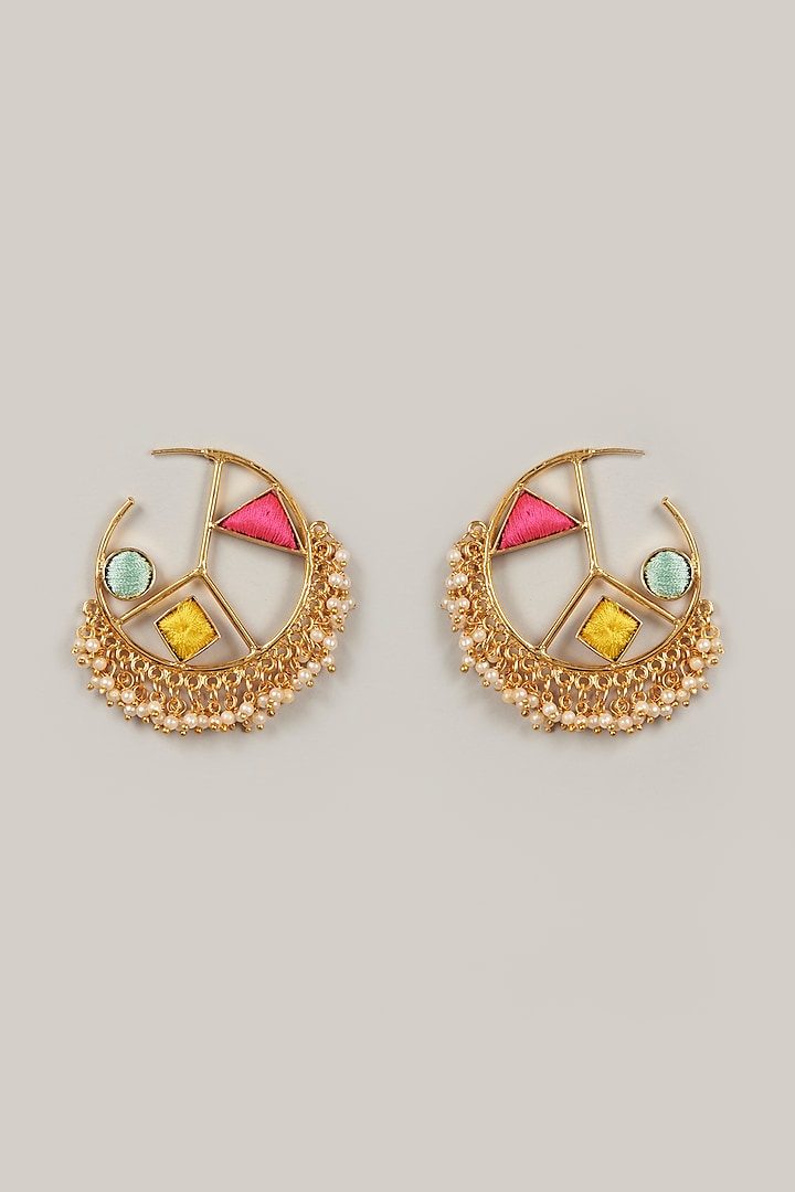 Gold Finish Embroidered Hoop Earrings by Bauble Bazaar