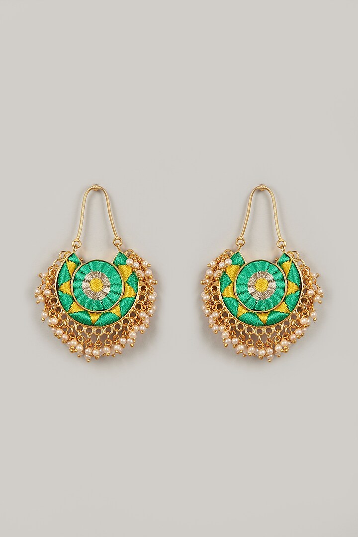 Gold Finish Chandbali Earrings With Embroidery by Bauble Bazaar