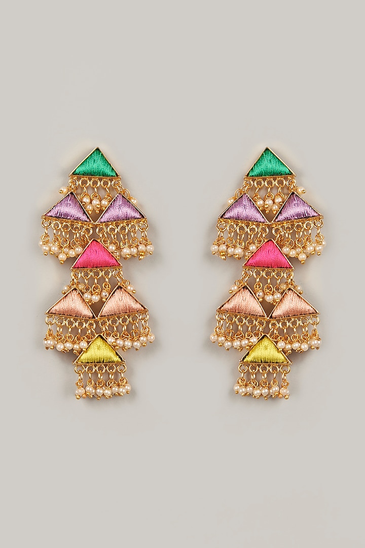 Gold Finish Embroidered Earrings In Brass by Bauble Bazaar