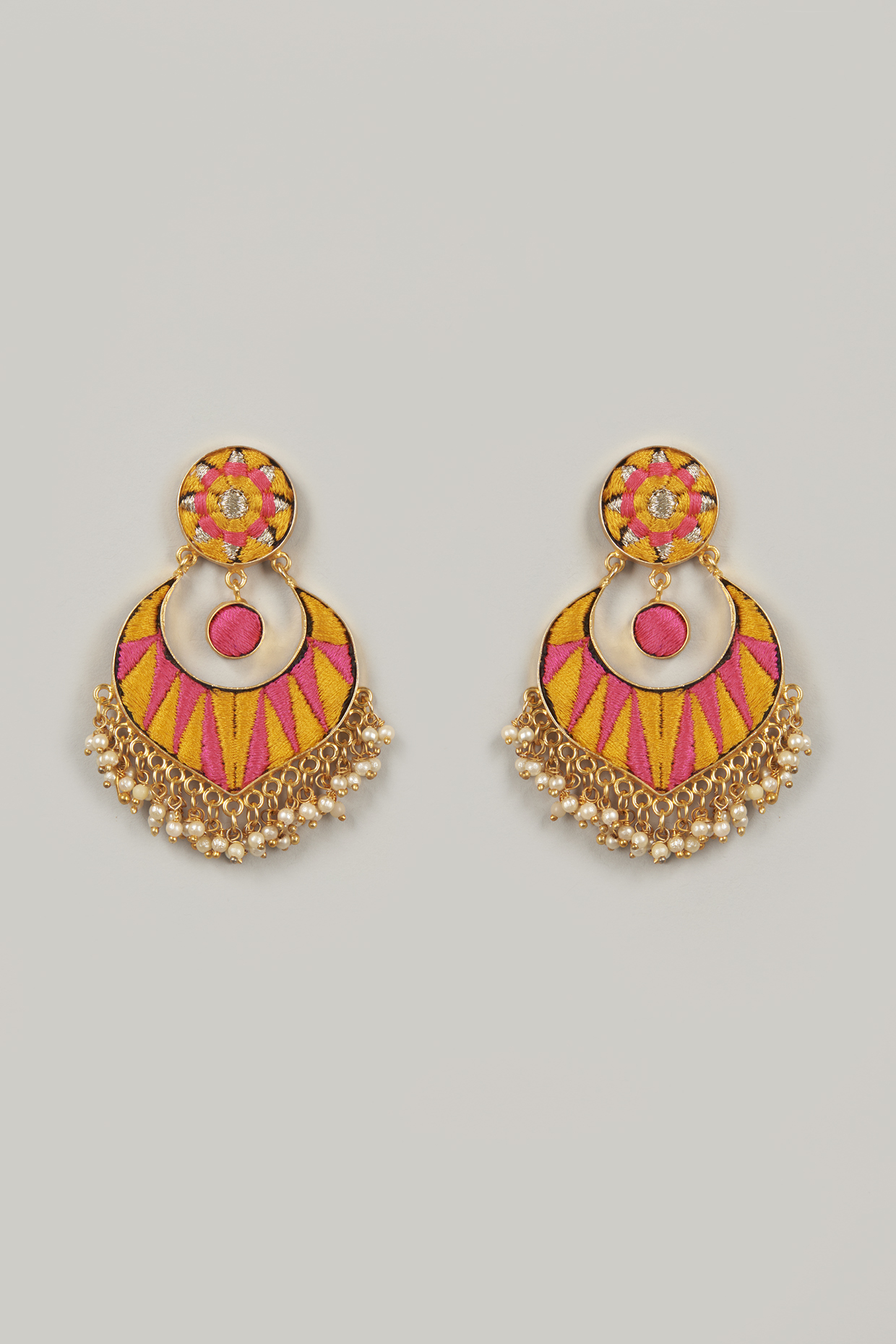 Gold Finish Thread Embroidered Chandbali Earrings by Bauble Bazaar at Pernia's Pop Up Shop