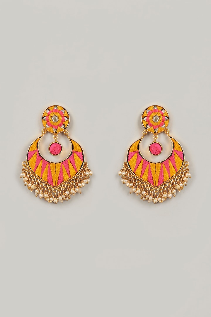 Gold Finish Thread Embroidered Chandbali Earrings by Bauble Bazaar