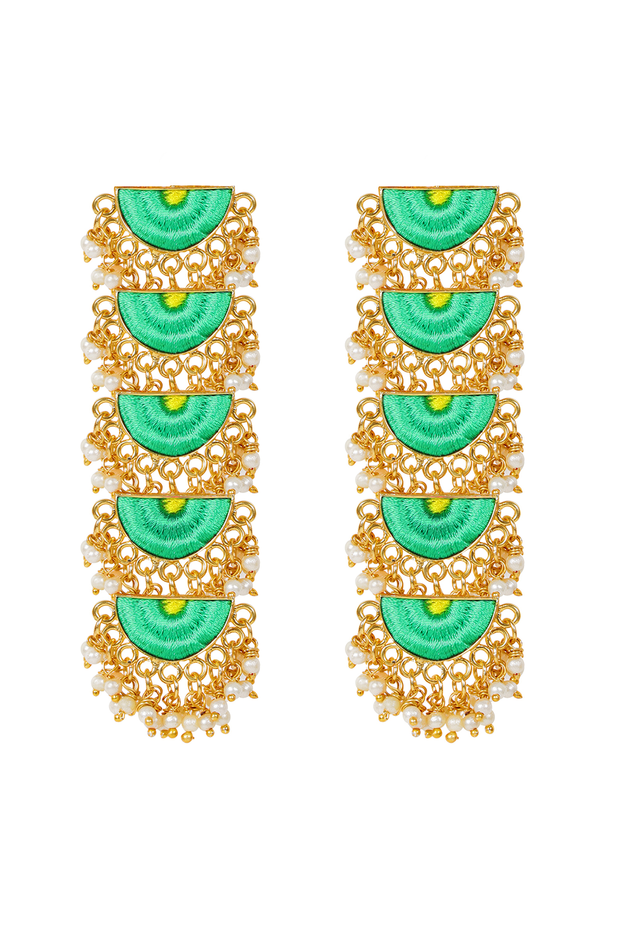 Matt Gold Finish Embroidered Geometric Earrings by Bauble Bazaar at Pernia's Pop Up Shop