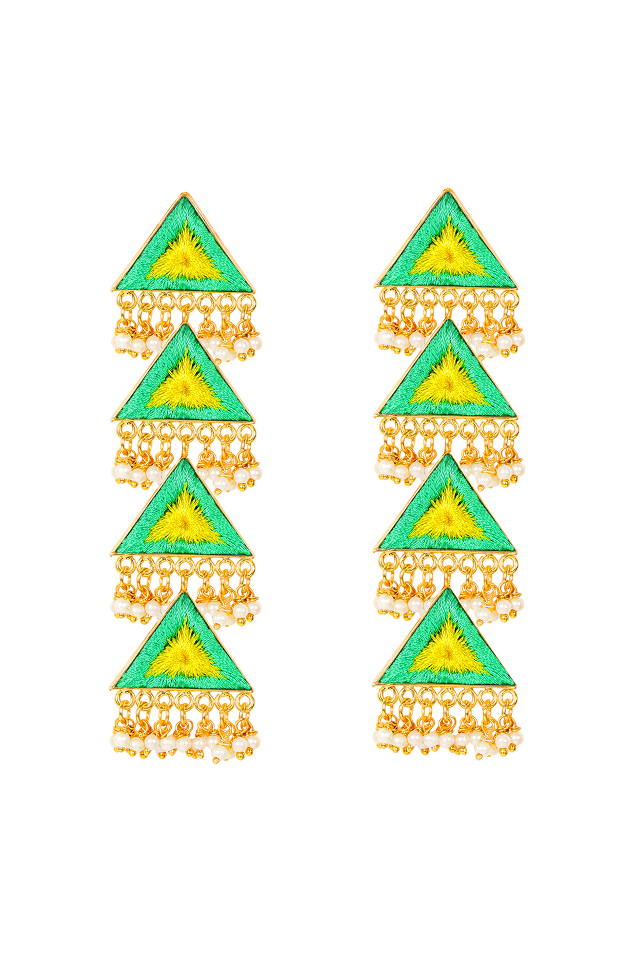 Matt Gold Finish Embroidered Triangle Earrings by Bauble Bazaar at Pernia's Pop Up Shop