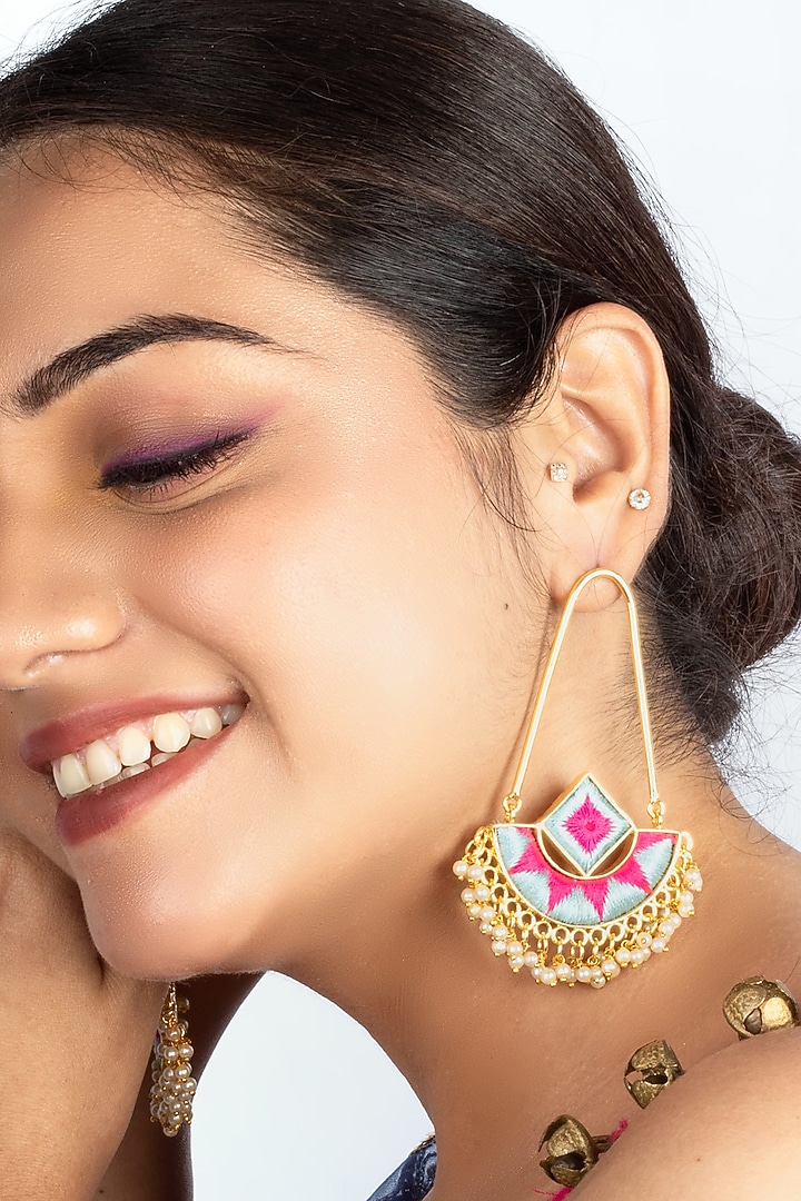 Matt Gold Finish Embroidered Chandbali Earrings by Bauble Bazaar at Pernia's Pop Up Shop