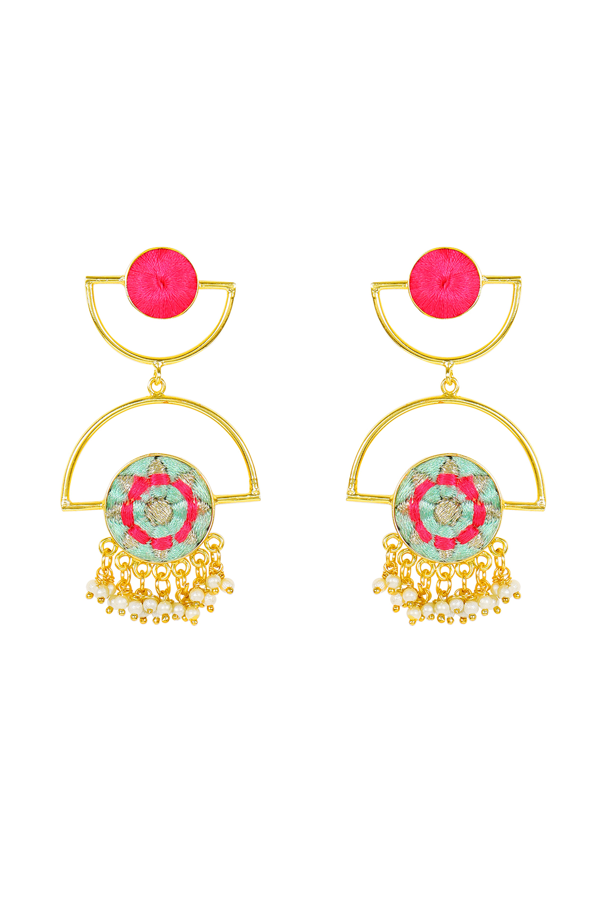Matt Gold Finish Embroidered Drop Earrings by Bauble Bazaar at Pernia's Pop Up Shop