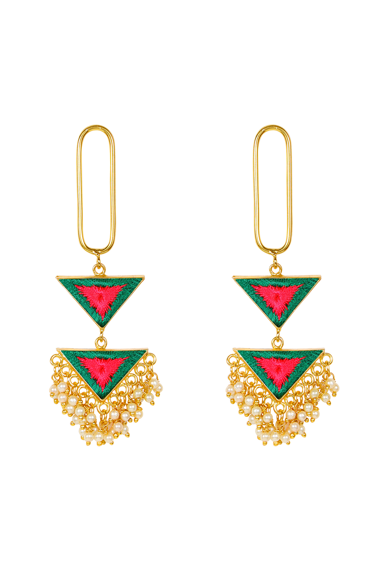 Matt Gold Finish Embroidered Tiered Earrings by Bauble Bazaar at Pernia's Pop Up Shop