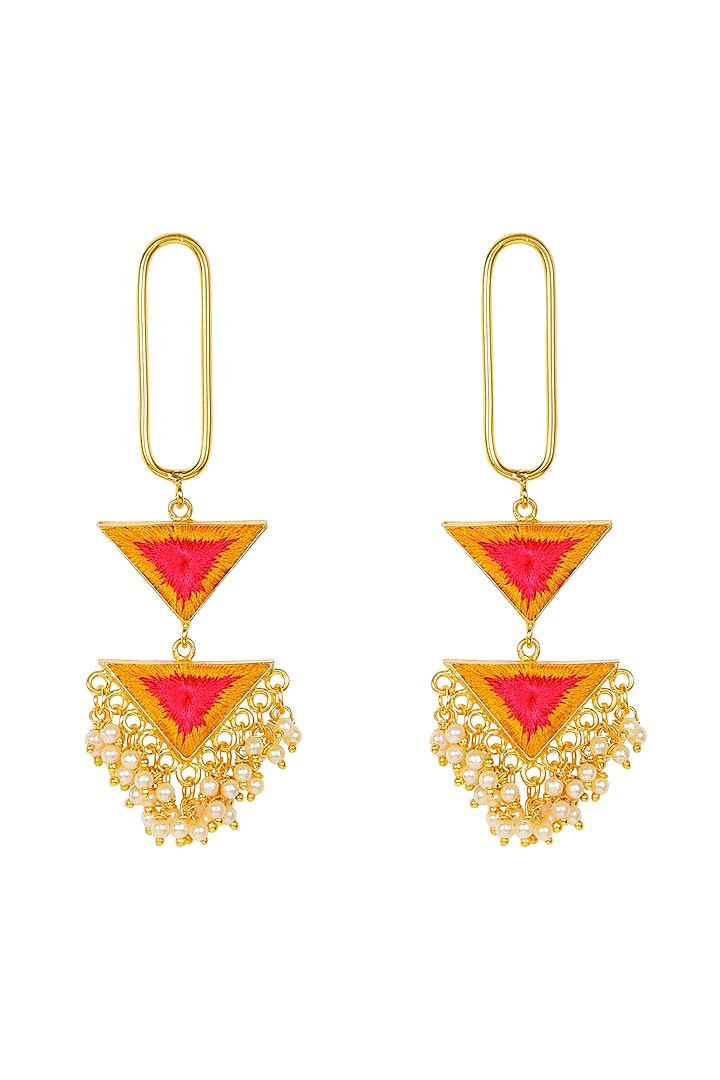 Matt Gold Finish Embroidered Tiered Earrings by Bauble Bazaar
