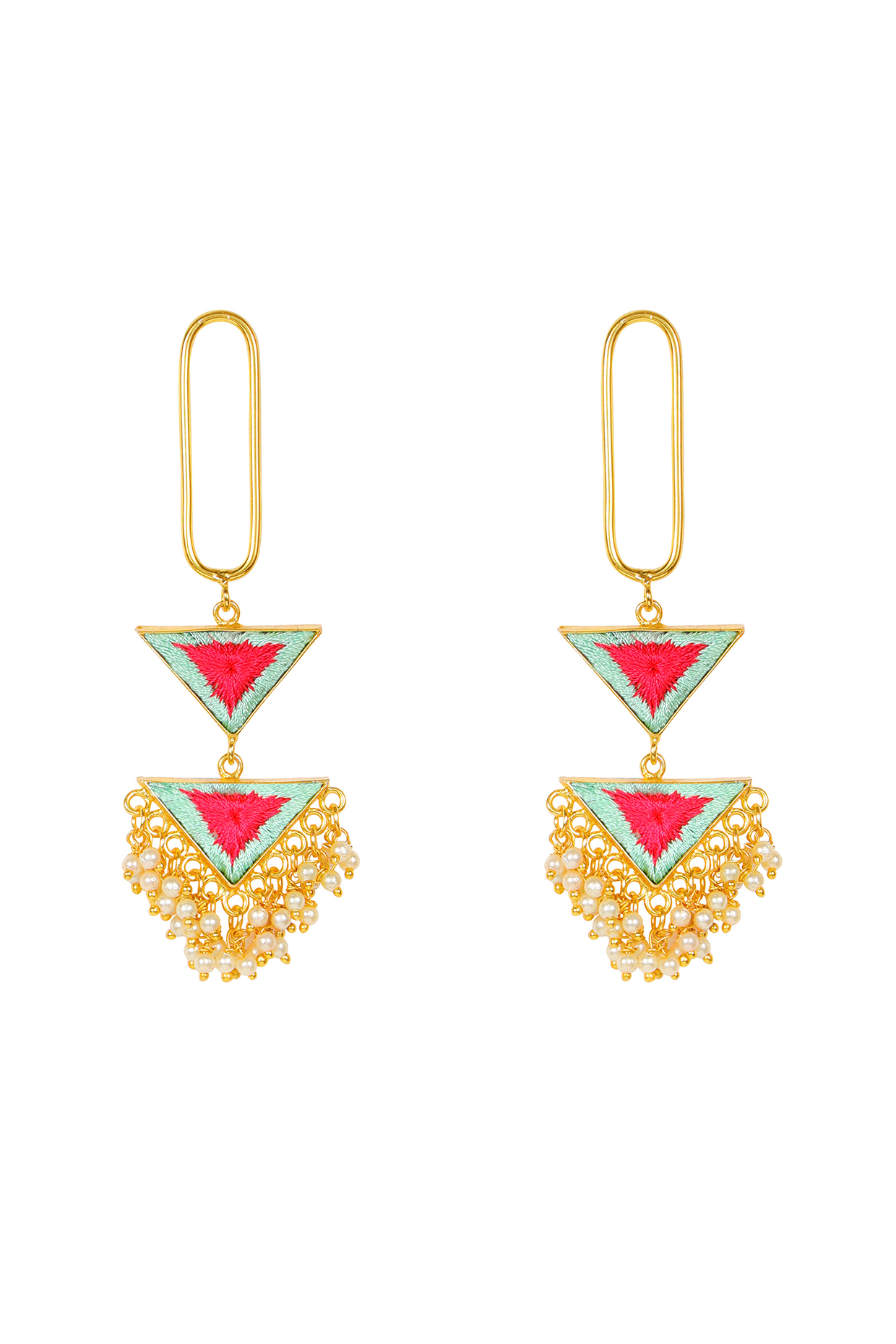 Matt Gold Finish Embroidered Tiered Earrings by Bauble Bazaar at Pernia's Pop Up Shop
