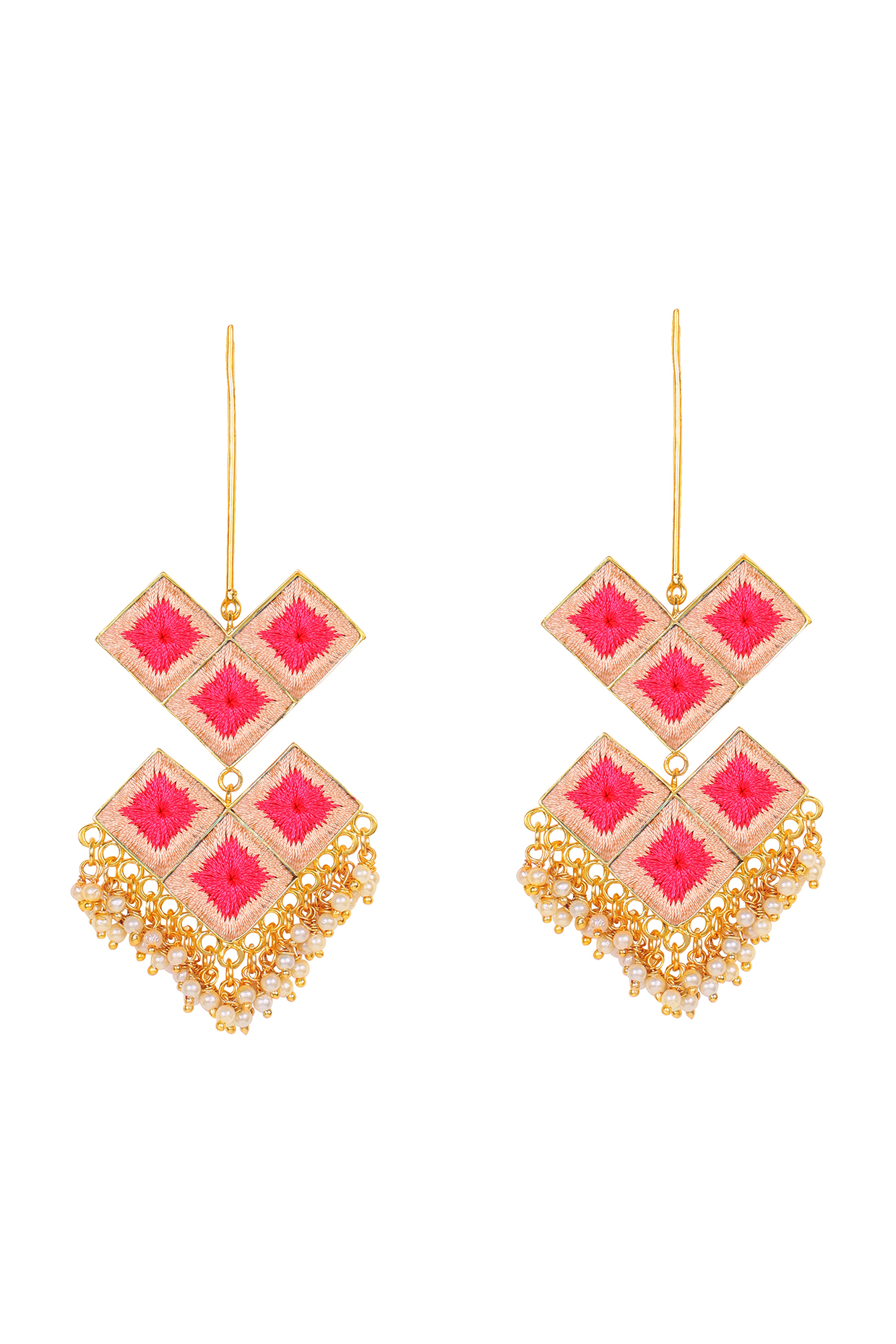 Matt Gold Finish Dangler Earrings With Embroidery by Bauble Bazaar