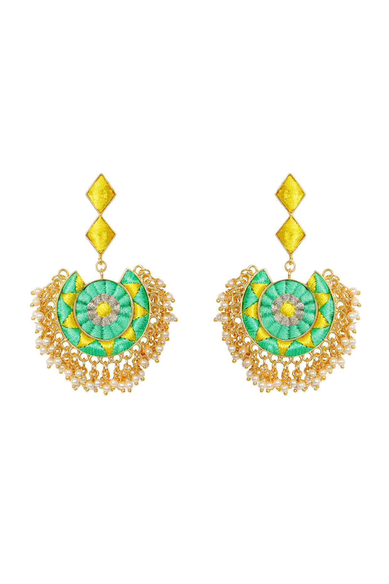 Matte Gold Finish Embroidered Chandbali Earrings by Bauble Bazaar at Pernia's Pop Up Shop