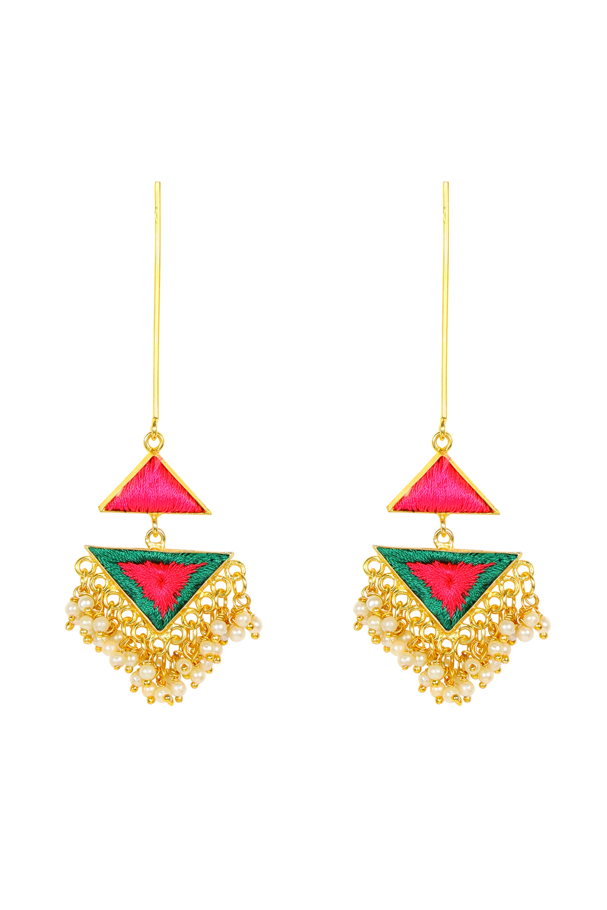 Matte Gold Finish Embroidered Triangle Earrings by Bauble Bazaar at Pernia's Pop Up Shop