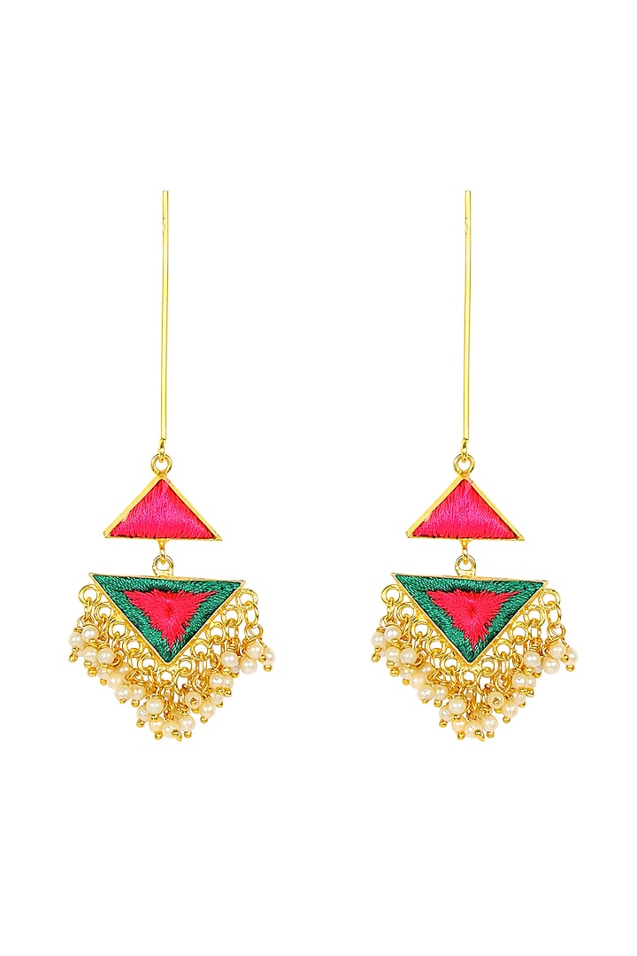 Matte Gold Finish Embroidered Triangle Earrings by Bauble Bazaar at Pernia's Pop Up Shop