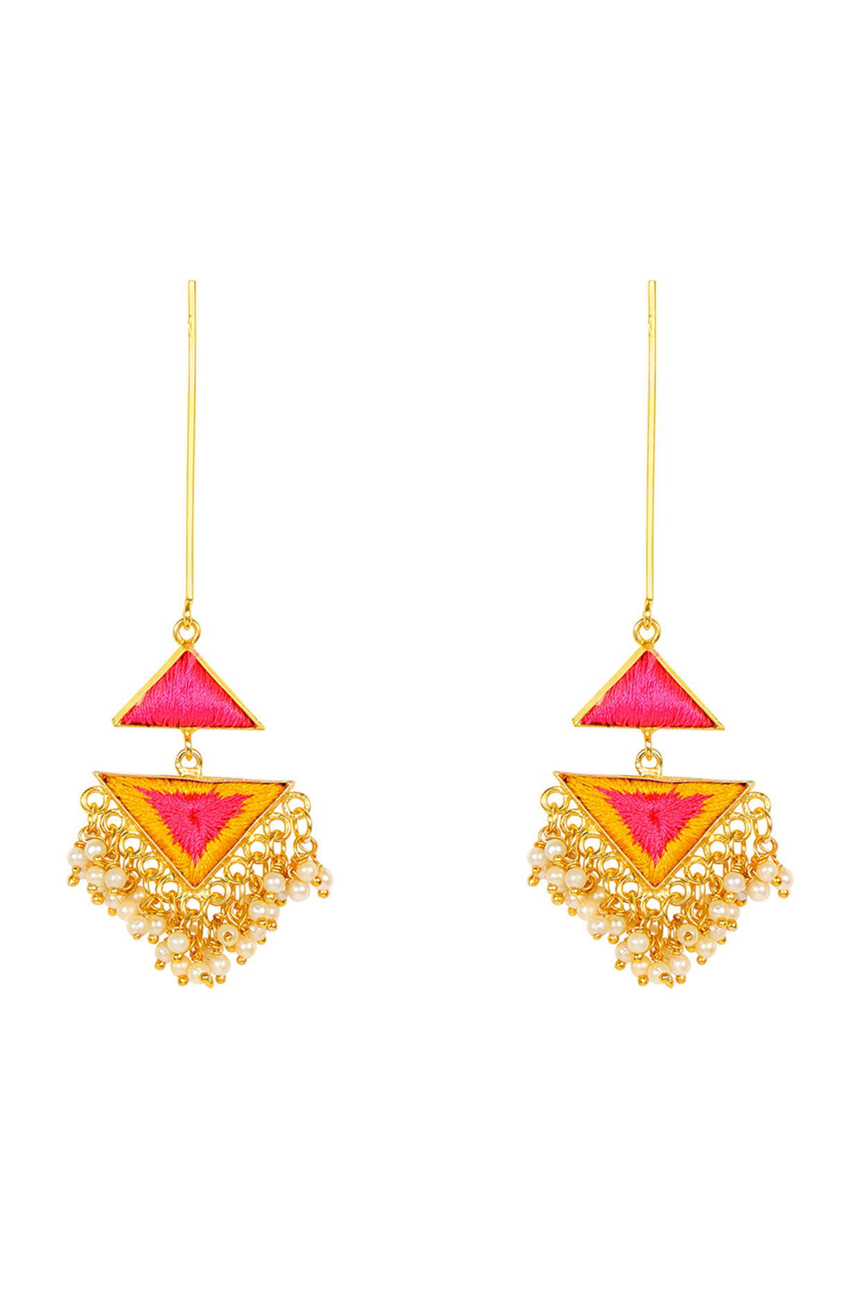 Matte Gold Finish Triangle Earrings With Embroidery by Bauble Bazaar at Pernia's Pop Up Shop