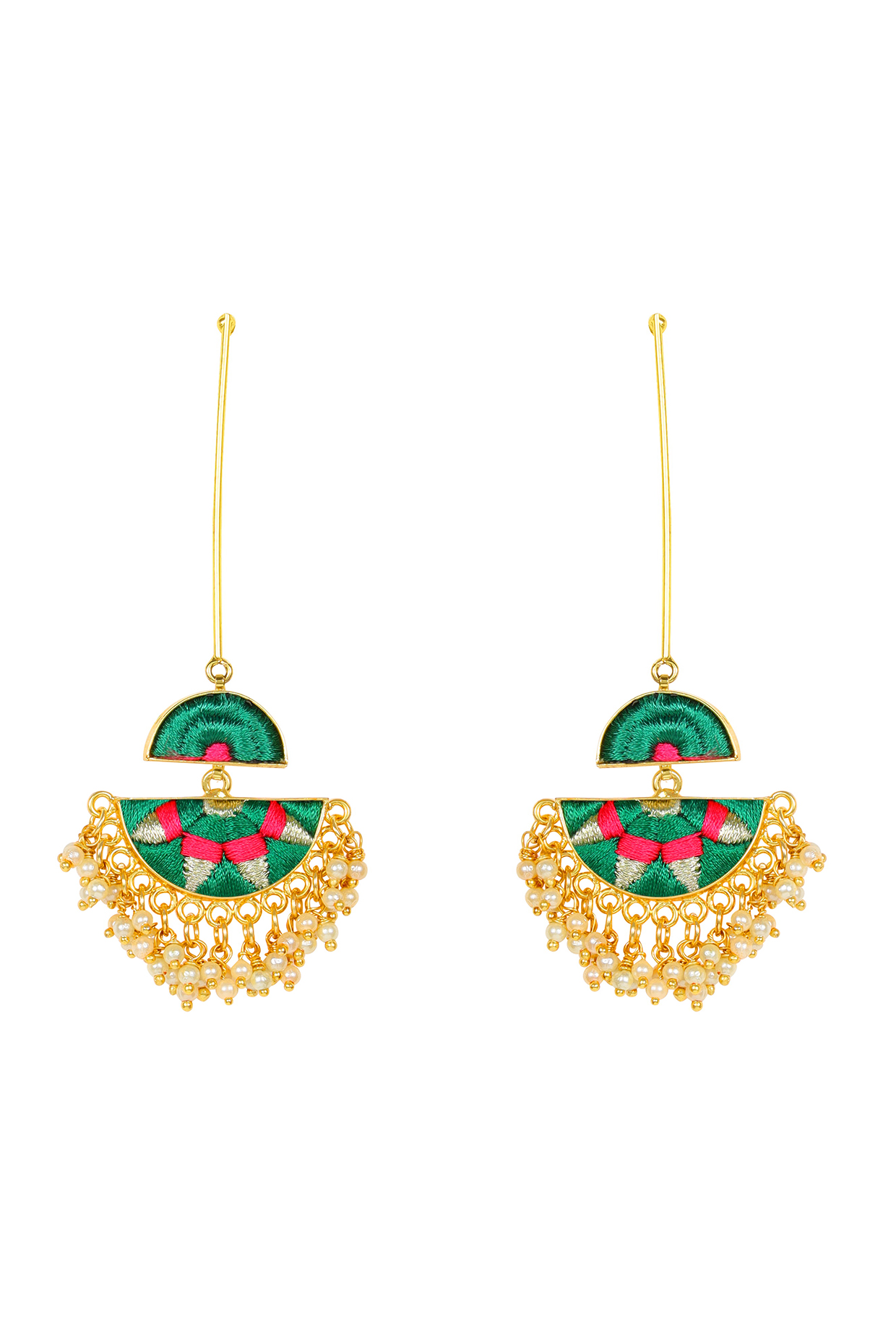 Matte Gold Finish Dangler Earrings With Thread Embroidery by Bauble Bazaar at Pernia's Pop Up Shop