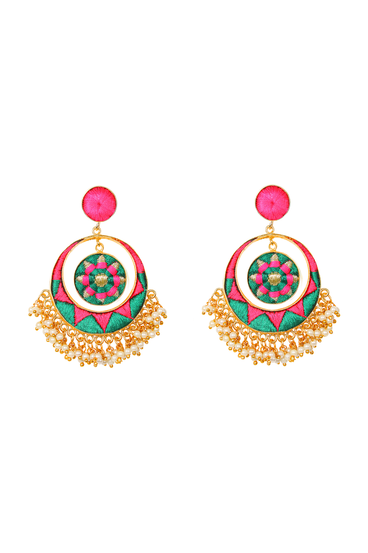 Matte Gold Finish Chandbali Earrings With Embroidery by Bauble Bazaar at Pernia's Pop Up Shop