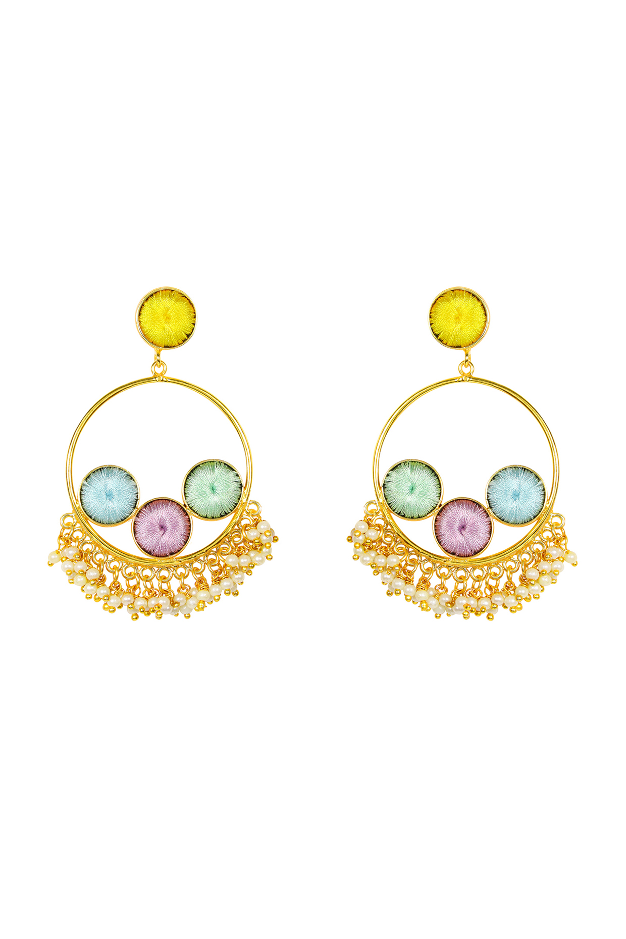 Matte Gold Finish Drop Earrings With Embroidery by Bauble Bazaar at Pernia's Pop Up Shop