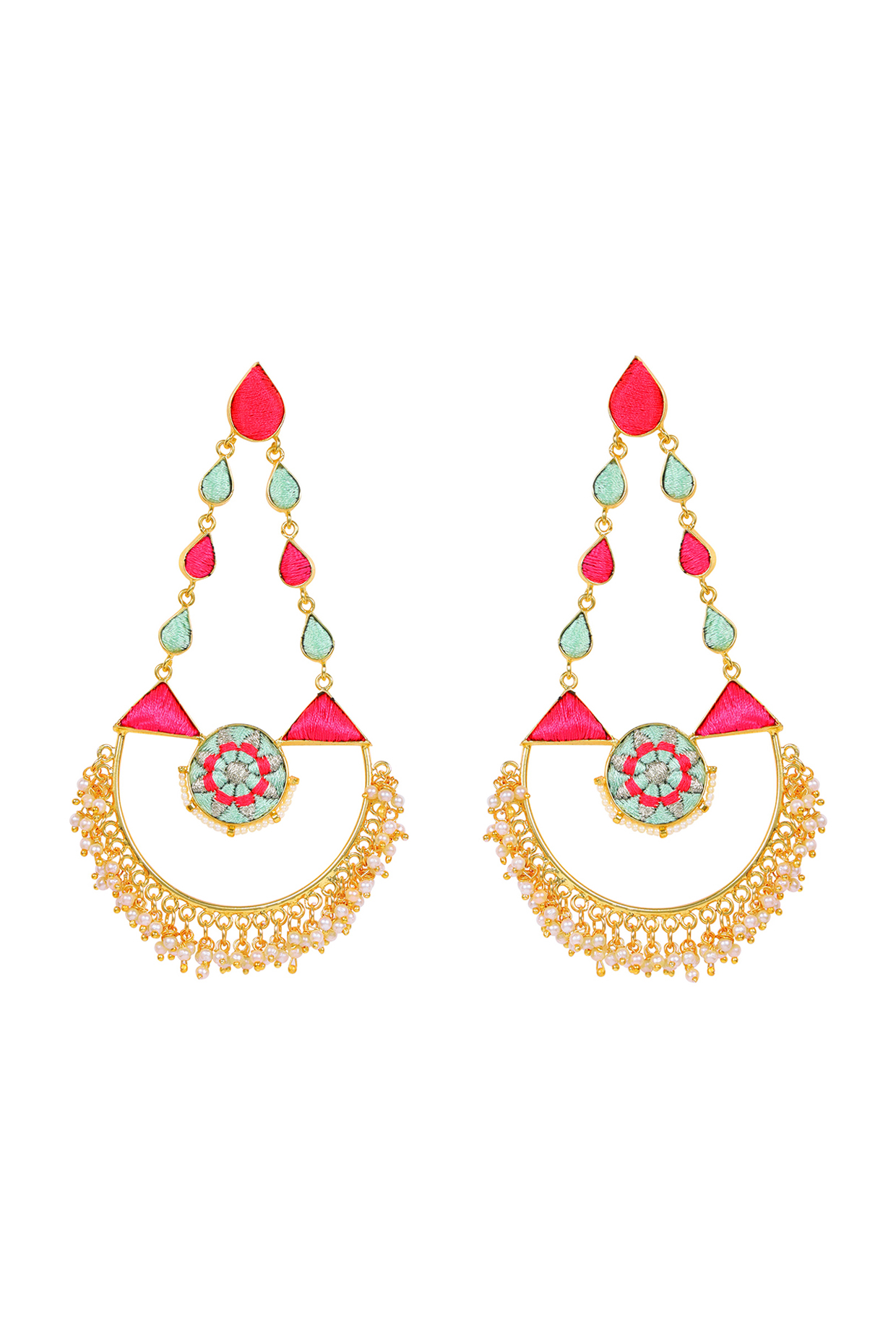 Matte Gold Finish Earrings With Embroidery by Bauble Bazaar at Pernia's Pop Up Shop