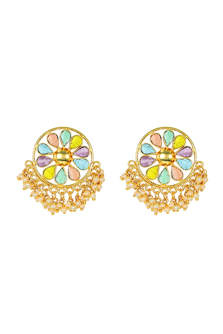 Matte Gold Finish Stud Earrings With Embroidery by Bauble Bazaar