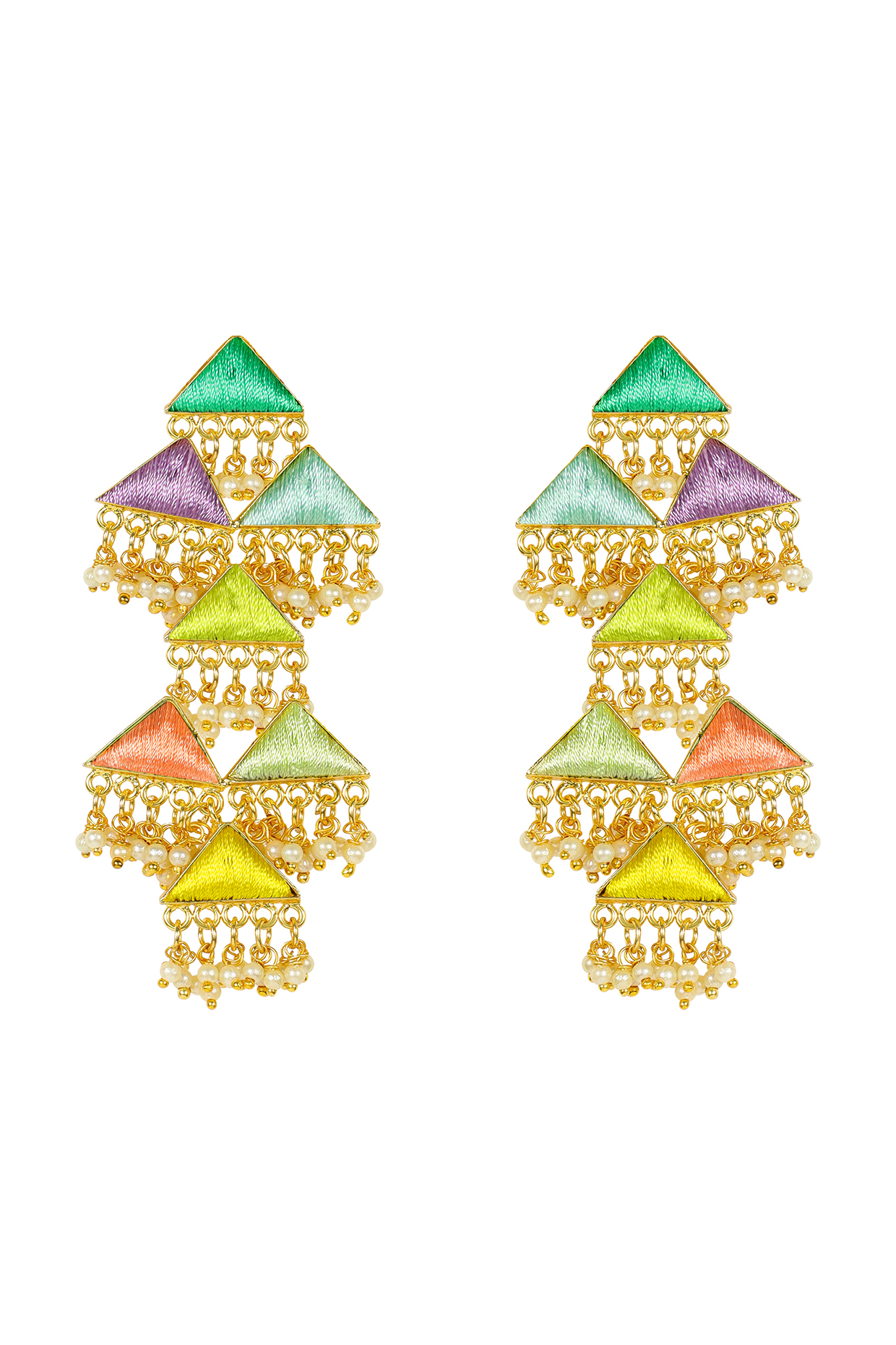Matte Gold Finish Triangle Earrings With Pearls by Bauble Bazaar at Pernia's Pop Up Shop