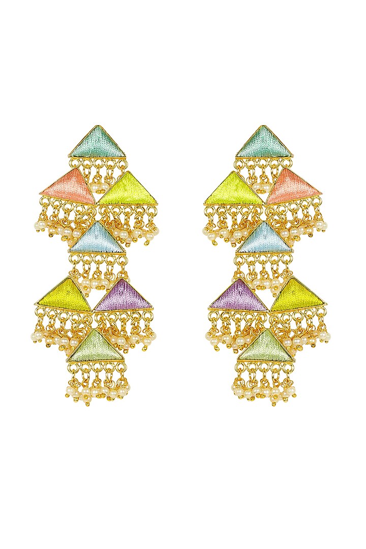 Matte Gold Finish Thread Embroidered Triangle Earrings by Bauble Bazaar at Pernia's Pop Up Shop