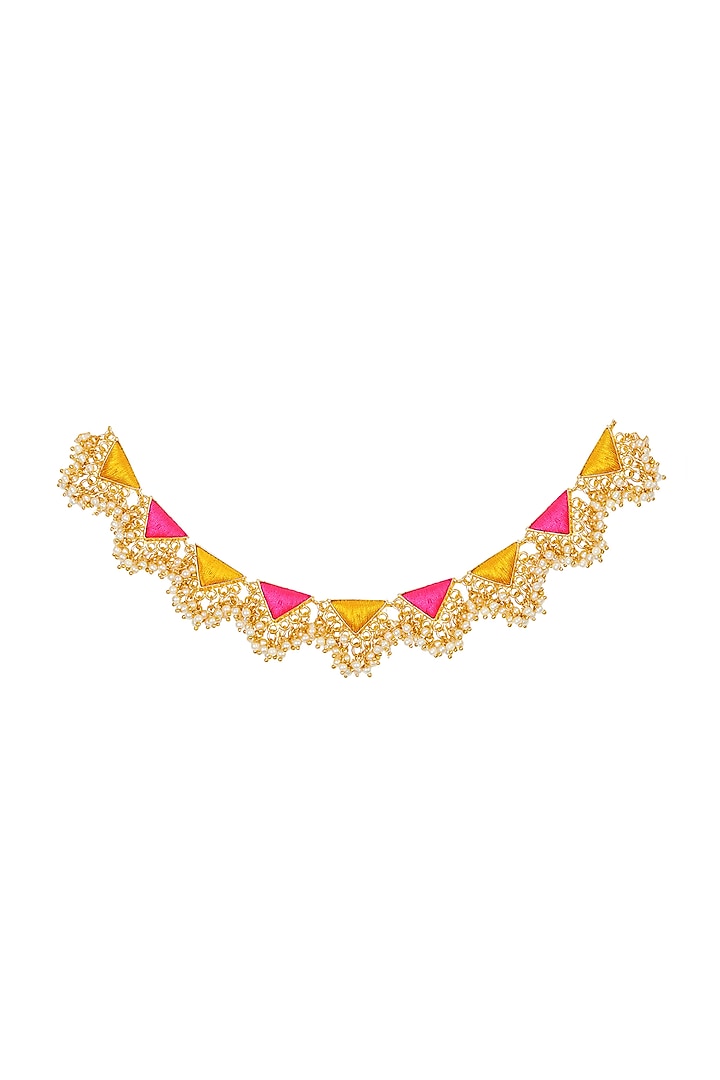 Matte Gold Finish Geometric Necklace With Embroidery by Bauble Bazaar at Pernia's Pop Up Shop