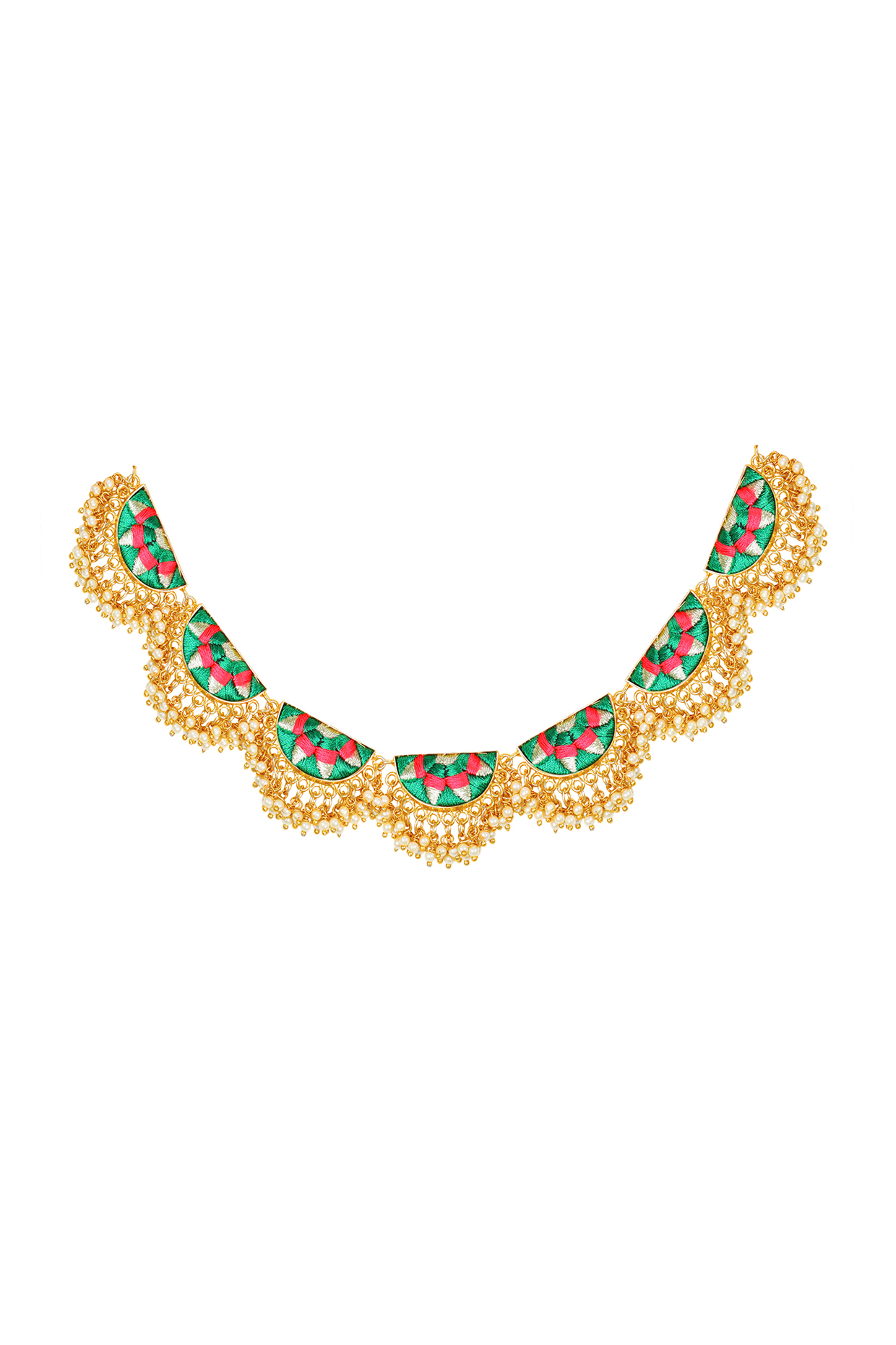 Matte Gold Finish Geometric Necklace With Thread Embroidery by Bauble Bazaar at Pernia's Pop Up Shop