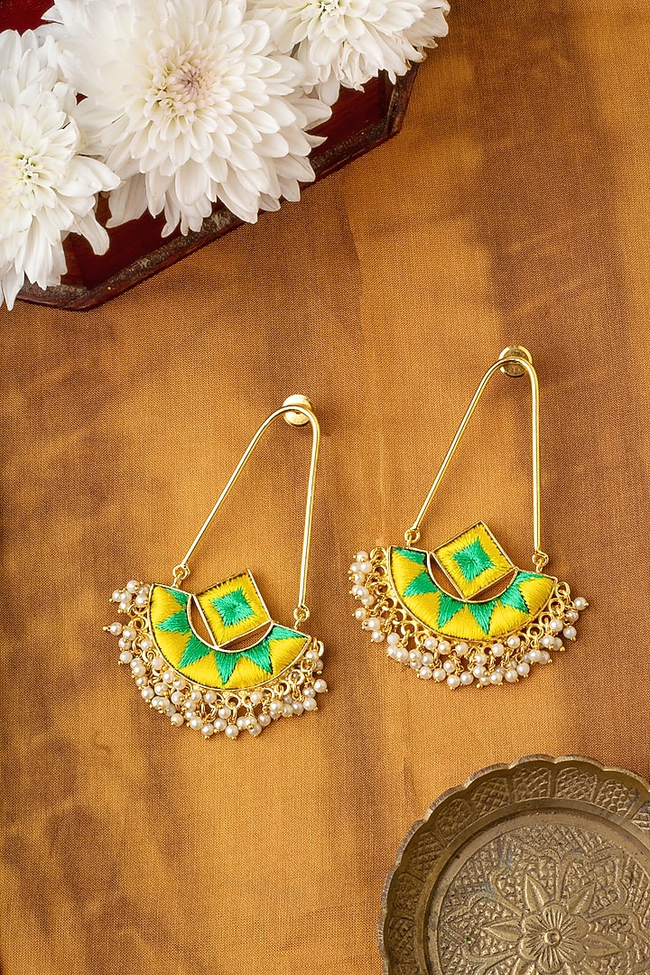 Matte Gold Finish Zari Embroidered & Pearl Chandbali Earrings by Bauble Bazaar at Pernia's Pop Up Shop