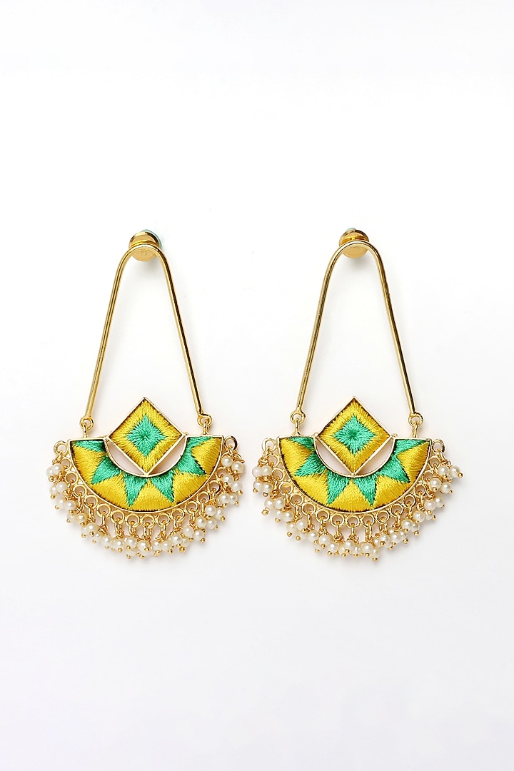 Matte Gold Finish Zari Embroidered & Pearl Chandbali Earrings by Bauble Bazaar at Pernia's Pop Up Shop