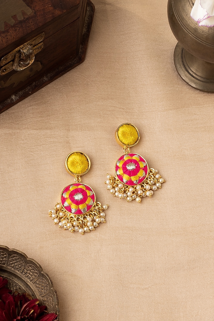 Matte Gold Finish Zari Embroidered & Pearl Dangler Earrings by Bauble Bazaar at Pernia's Pop Up Shop