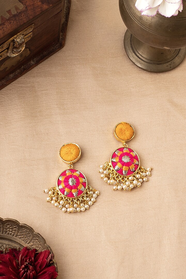 Matte Gold Finish Zari Embroidered & Pearl Dangler Earrings by Bauble Bazaar at Pernia's Pop Up Shop