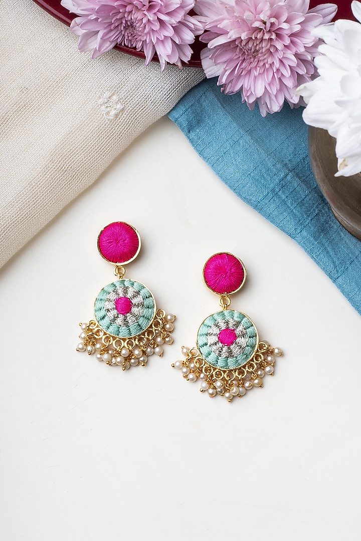 Matte Gold Finish Zari Embroidered & Pearl Dangler Earrings by Bauble Bazaar at Pernia's Pop Up Shop