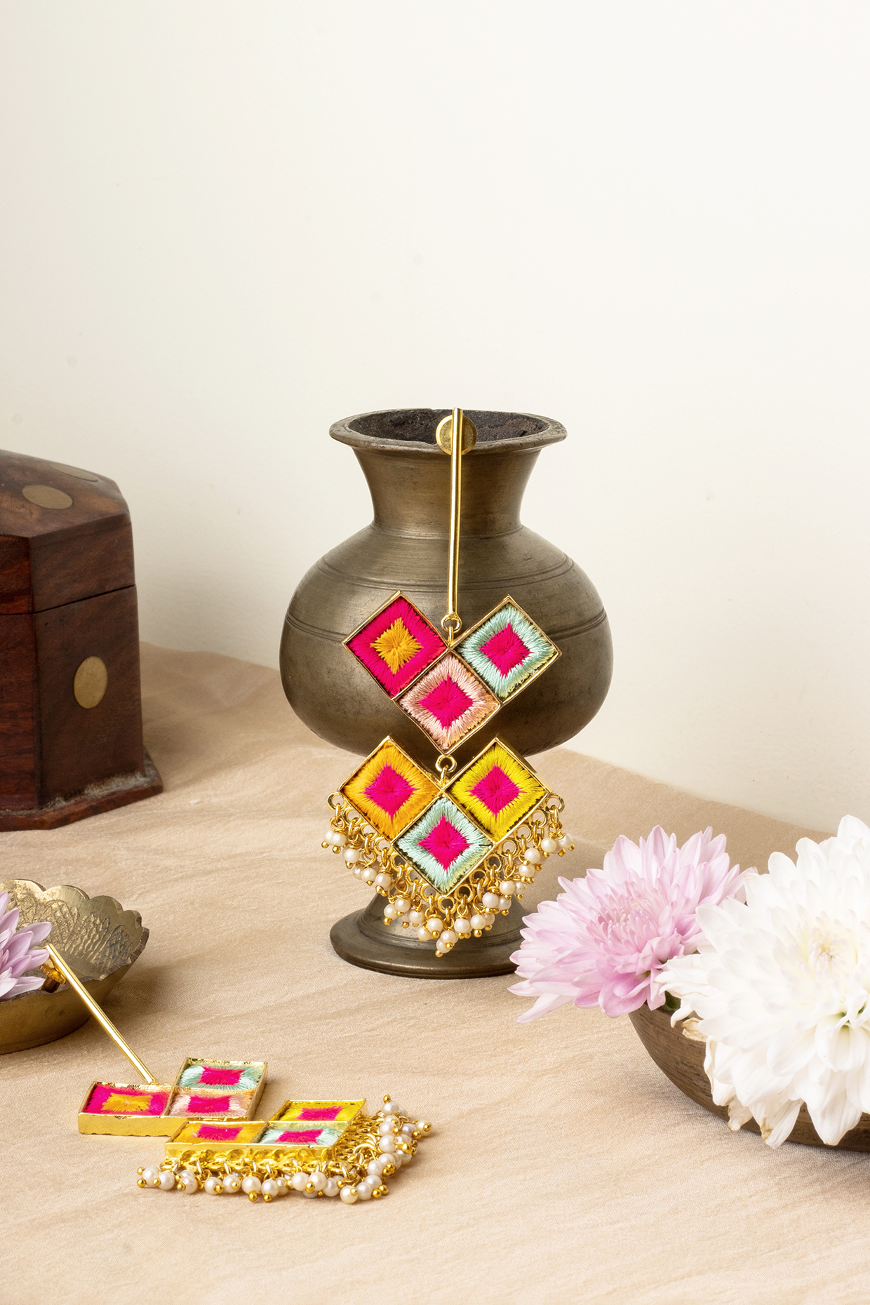Matte Gold Finish Multi-Colored Embroidered & Pearl Dangler Earrings by Bauble Bazaar at Pernia's Pop Up Shop
