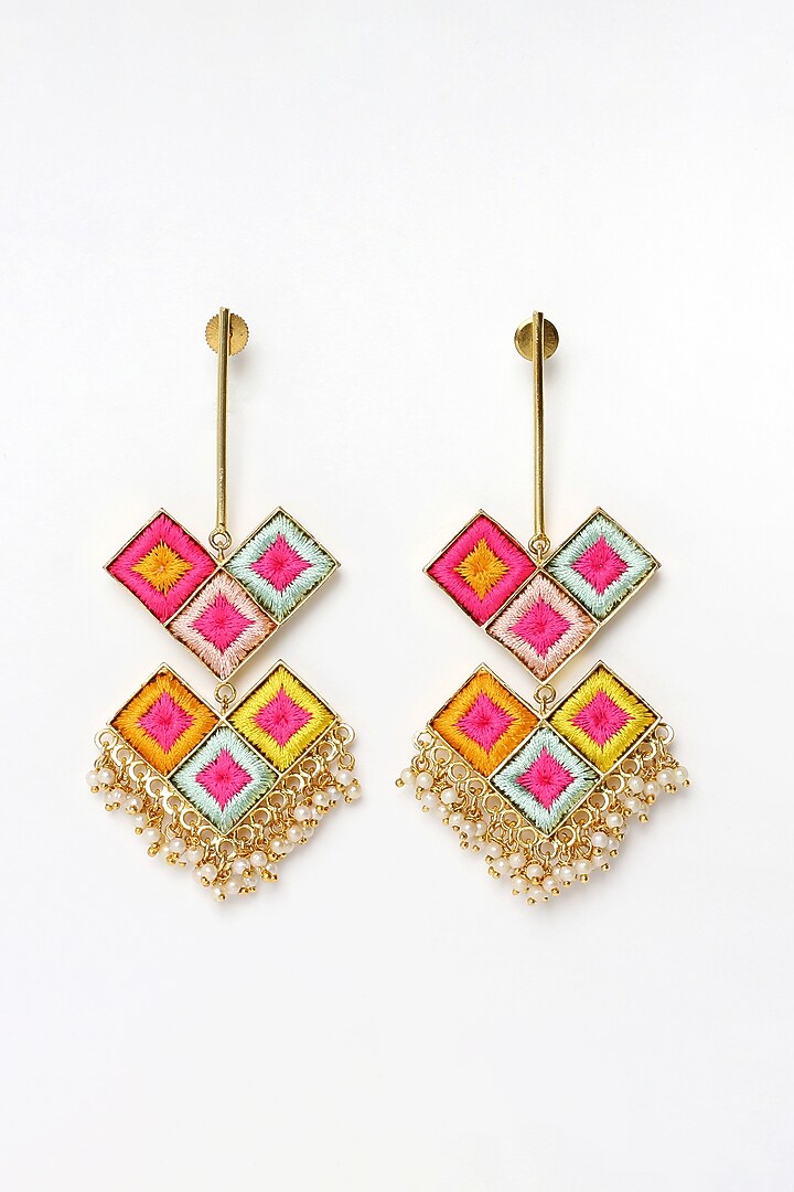 Matte Gold Finish Multi-Colored Embroidered & Pearl Dangler Earrings by Bauble Bazaar at Pernia's Pop Up Shop