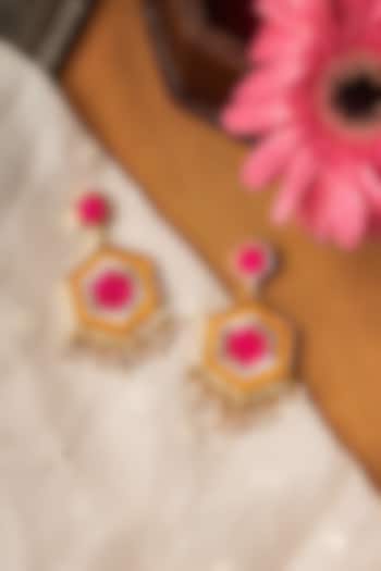 Matte Gold Finish Zari Embroidered & Pearl Hexagonal Dangler Earrings by Bauble Bazaar at Pernia's Pop Up Shop