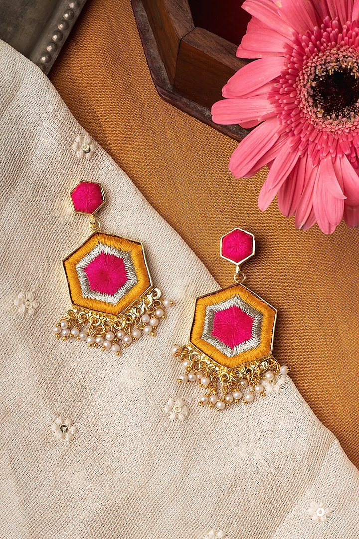 Matte Gold Finish Zari Embroidered & Pearl Hexagonal Dangler Earrings by Bauble Bazaar at Pernia's Pop Up Shop