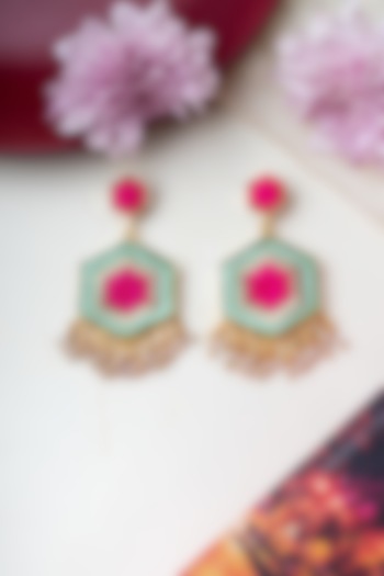 Matte Gold Finish Zari Embroidered & Pearl Hexagonal Dangler Earrings by Bauble Bazaar at Pernia's Pop Up Shop