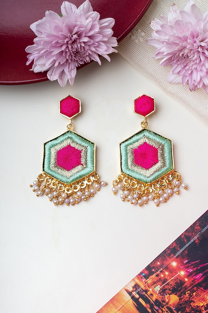 Matte Gold Finish Zari Embroidered & Pearl Hexagonal Dangler Earrings by Bauble Bazaar at Pernia's Pop Up Shop