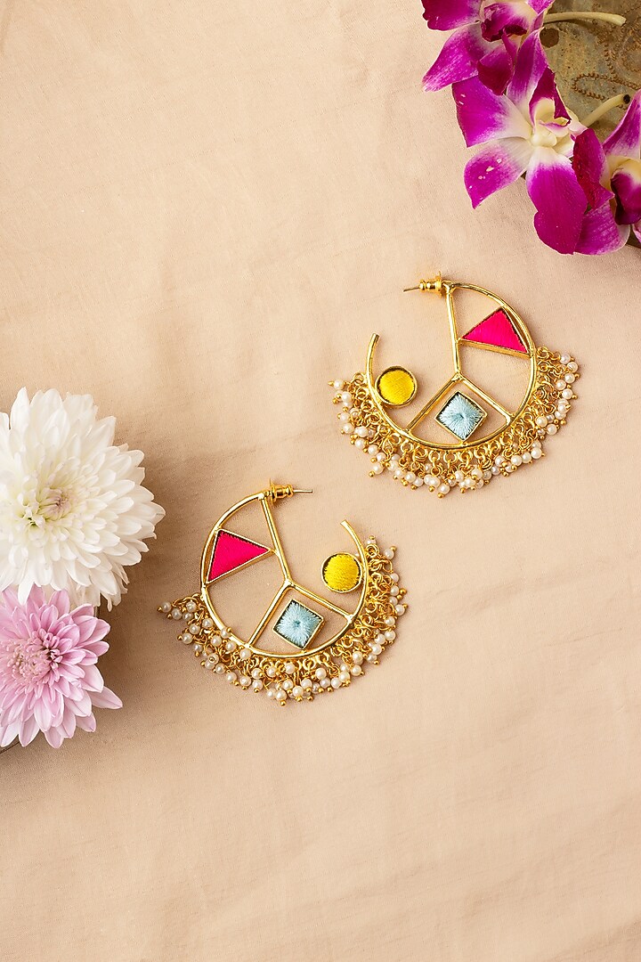 Matte Gold Finish Multi-Colored Embroidered & Pearl Hoop Earrings by Bauble Bazaar at Pernia's Pop Up Shop