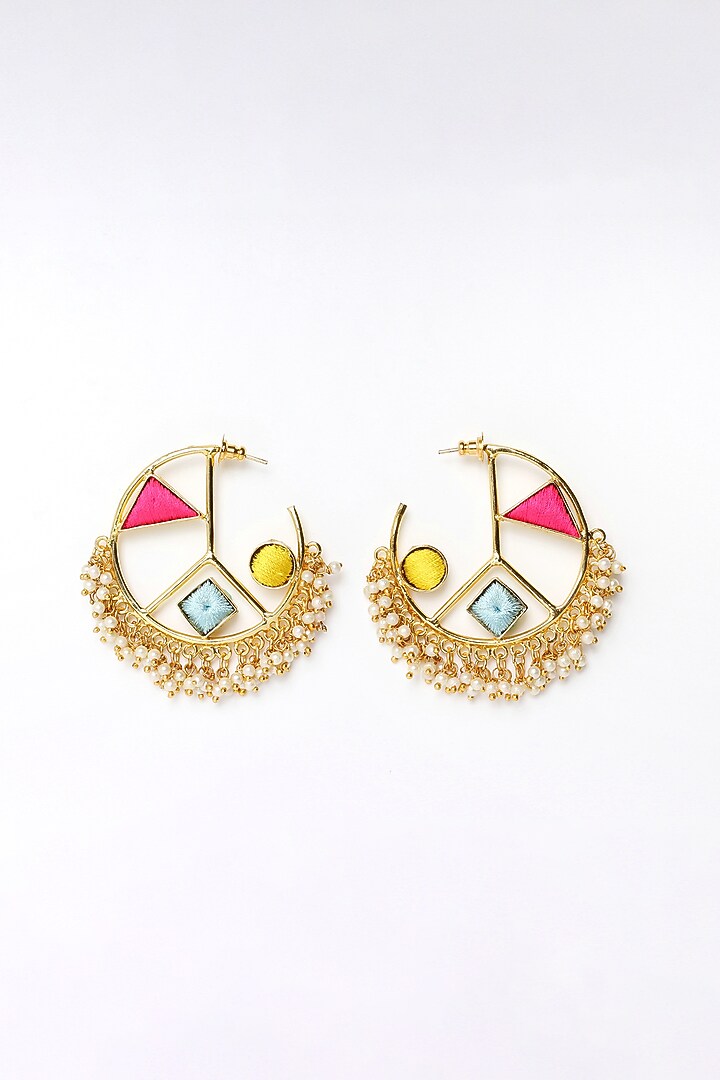 Matte Gold Finish Multi-Colored Embroidered & Pearl Hoop Earrings by Bauble Bazaar at Pernia's Pop Up Shop