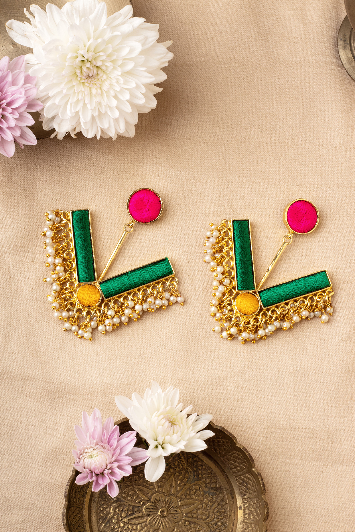 Matte Gold Finish Multi-Colored Embroidered & Pearl Geometrical Dangler Earrings by Bauble Bazaar at Pernia's Pop Up Shop